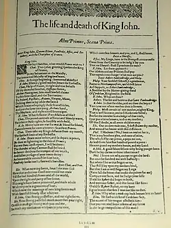 A photograph of the first page of Shakespeare's play "King John", with two columns of text below.