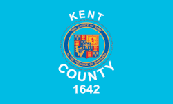 A blue flag with a seal in the center