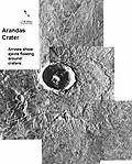 The ejecta from Arandas crater acts like mud. It moves around small craters (indicated by arrows), instead of just falling down on them. Craters like this suggest that large amounts of frozen water were melted when the impact crater was produced. Image is located in Mare Acidalium quadrangle and was taken by Viking Orbiter.