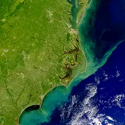 A satellite image depicting run-off offshore of North Carolina