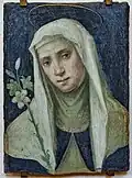 St. Catherine of Siena, wearing a white veil and black mantle, and with a golden halo, holds a stalk of lilies.