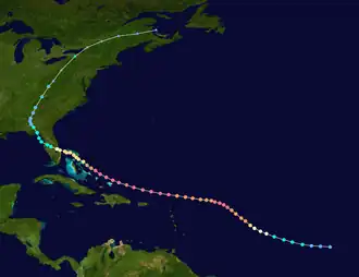 Track map of Hurricane Frances, beginning east of the Lesser Antilles, passing through the Bahamas, and moving across the eastern United States