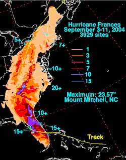 A map of rainfall totals associated with Hurricane Frances in the United States, showing a peak in North Carolina
