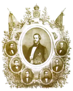 An illustration with an oval portrait of the Emperor surmounted by a crown and flags with oval portraits of six men arranged below the Emperor's portrait