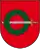 A coat of arms depicting a sword with a gold hilt and a silver blade penetrating a green wreath all on a red background