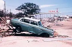 A gas station and car was largely destroyed by Camille