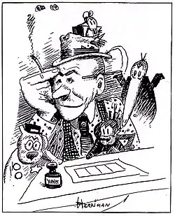 A black and white drawing of a man wearing a brimmed hat, seated at a drawing table, with his right hand on his forehead. He holds a cigarette in his right hand, and is surrounded by cartoon characters: a mouse on his hat, a long-billed bird looking over his left shoulder, a cat in front of him, and a dog to his right.