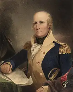 Painting of the head and upper torso of an older, gray-haired, balding man in a colonial-era military uniform (blue jacket with white lapels and gold epaullettes)