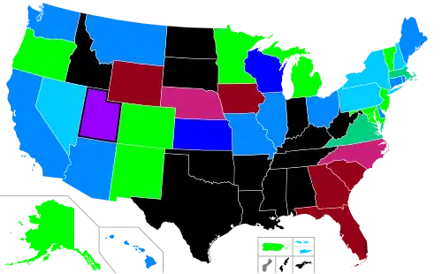 A state map of the United States color-coded for abortion access. A number of U.S. states in the center and especially south of the country have banned abortion apart from certain medical exceptions. In contrast, abortion is available on demand without a mandated time limit in Alaska, Colorado, Minnesota, New Jersey, New Mexico, Oregon, Vermont, and Washington, D. C. Because the situation is changing rapidly, please see the article text for details.