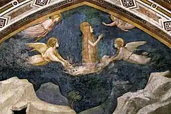 St. Mary Magdalene, with a golden halo, ascends to the sky, carried on a cloud by angels in white and pink robes.
