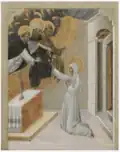 St. Catherine of Siena, wearing a white robe and veil, is offered religious garments by Saints Dominic, Augustine, and Francis in heaven. She chooses the black mantle of St. Dominic.