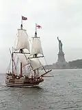 Replica of 17th century English ship Godspeed, with conjoined Union flag in her “main-toppe” and "Red Crosse" of "South Britaine" in her “fore-toppe”.