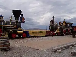 The current site of the Golden Spike National Historic Site, with replicas of No. 119 and the Jupiter facing each other to re-enact the driving of the Golden Spike