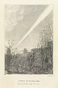 A black-and-white drawing of a streak of light travels from the top-left of the image to the bottom right, getting narrower as it travels.