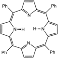 Tetraphenylporphyrin (H2TPP)is another synthetic analogue of protoporphyrin IX. Unlike the natural porphyrin ligands, TPP2− is highly symmetrical. Another difference is that its methyne centers are occupied by phenyl groups.