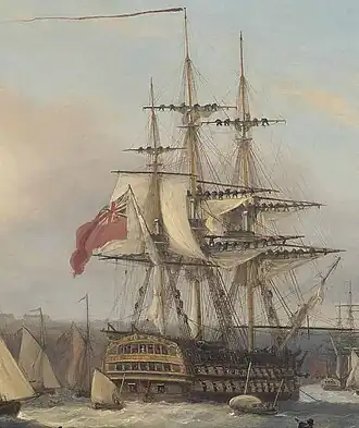 Oil painting of a three-masted sailing ship seen from rear against a background of cliffs, with many small boats filled with people in the foreground.