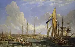 Oil painting of a three three-masted sailing ships seen from side against a background of cliffs, with many small boats filled with people in the foreground, and a larger single-masted boat in the right foreground.