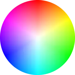 Color circle based on the HSV color space, showing all colors with a value (brightness) of 255 (100%). White is at the center, and fully saturated colors are at the outer edge. It is the circular face of the HSV "color cone".