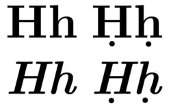Non-italicized and italicized upper- and lowercase H, with and without under-dotting