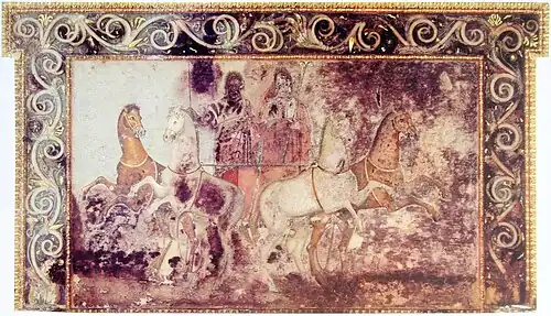 Hades and Persephone, c. 340 BC, pigments on marble, Museum of the Royal Tombs of Aigai, Vergina, Greece[13]