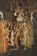 Bartolomé Bermejo, Christ Leading the Patriarchs to Paradise, 1480. In this depiction of the Harrowing of Hell, Methuselah is portrayed as leading the procession of the righteous behind Jesus, along with Solomon, the Queen of Sheba, and Adam and Eve.