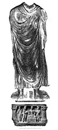 Vasudeva I: Hashtnagar Buddha and its piedestal, inscribed with "year 384" of the Yavana era (c. AD 209).[126]