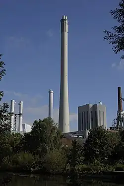 Chimney of Brunswick Central Cogeneration Plant with antennas for TV transmission in the box on the right just below its pinnacle