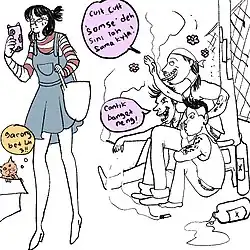 A woman wearing a dress sweats as she watches her phone, walking by a group of three men who whistle and laugh at her. One waves, saying "cuit...cuit 'somse' deh sini lah sama kyla!". Another says "Cantik banget neng!" The men smoke and bottles of liquor rest near them. A cat in a box nearby thinks "garong bet luh 3!!"