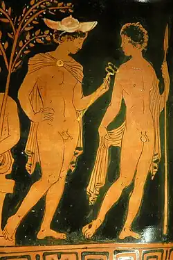 Hermes wearing a petasos hat, Attic red-figure krater, c. 380–370 BC
