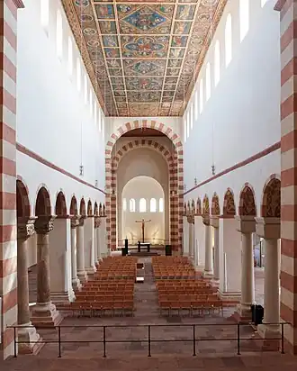 Interior of St. Michael's, Hildesheim, Germany, (1001–1031) with alternating piers and columns and a 13th-century painted wooden ceiling