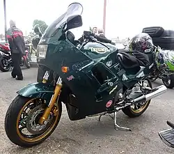 Mid-1990s Triumph Trophy tourer with the 900&nbsp;cc triple engine. The small Union Flag was then a standard feature on all Triumphs except the Thunderbird
