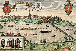 Vistula River in Warsaw near the end of the 16th century. The right side shows the Sigismund Augustus bridge built 1568–1573 by Erazm Cziotko (c.&nbsp;500&nbsp;m (1,600&nbsp;ft) long).[48]