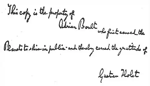 inscription in black ink reading "This copy is the property of Adrian Boult who first caused the Planets to shine in public and thereby earned the gratitude of Gustav Holst."