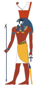 Horus with the red crown on top of the white crown