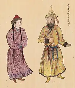 Uyghur chieftain from Wushi, Kucha and Aksu, with his wife. Huang Qing Zhigong Tu, 1769.[232]