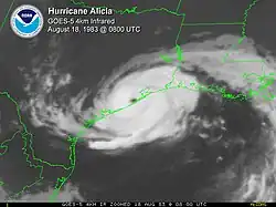 Infrared image of Hurricane Alicia as it makes landfall on the Texas coast. It has a pronounced, albeit small eye feature.