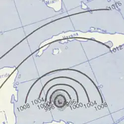 A contoured map showing intervals of pressure changes with contour lines. The contoured lines are concentrated near the bottom of the picture, indicating an area of low pressure.