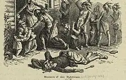 Sketch of a crouched woman who is sheltering a small child, with four other children nearby. The children are being attacked by seven native Americans wielding tomahawks and knives, near the doorway of a dwelling house. There is a dead or dying young man lying on the ground in the foreground.