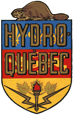 Hydro-Québec's old logo: the red, blue and yellow coat of arms of Quebec surmounted by a beaver and featuring the words HYDRO-QUEBEC in bold and two bolts of lightning