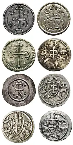 Coins of King Béla III of Hungary (1172–1196) with double crosses