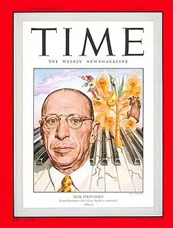 TIME magazine cover depicting Stravinsky's head in front of the keys of a piano, with famous characters from his ballets next to him
