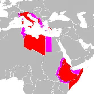 The Italian Empire (red) before World War II. Pink areas were annexed/occupied for various periods between 1940 and 1943 (the Tientsin concession in China is not shown).