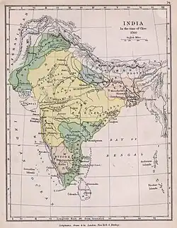 The Indian peninsula in 1760, three years after the Battle of Plassey, showing the Maratha Empire and other prominent political states