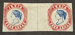 Two four anna stamps issued in 1854. Stamps were issued for the first time for all of British India in 1854. The lowest denomination was anna blue, followed by 1 anna red, and 4 annas blue and red. The stamps were printed from lithographic stones at the Surveyor-General's Office in Calcutta.
