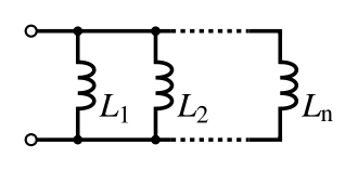 A diagram of several inductors, side by side, both leads of each connected to the same wires.