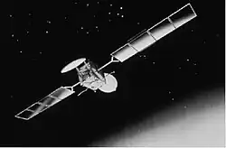 A depiction of a satellite in space.
