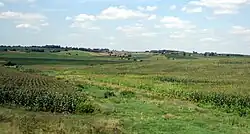 Corn and soybean fields and pastures on rolling, hilly terrain.