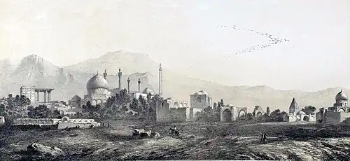 Drawing of several buildings, with mountains visible in background