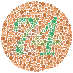 The number "74"&nbsp;– composed of scattered solid circles of varying size and varying but approximately green color&nbsp;– surrounded by a field of approximately sandy brown circles also of varying size and color. Some of the color variation in the circles is deliberately curated such that viewers with red-green color blindness will likely see the number "21" instead of "74".