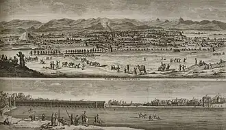 Print depicting view of town above, and view of bridge below